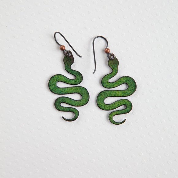Handmade Copper Enamel Snake Earrings Reptile Rustic Nature Animal Jewelry Boho - Picture 9 of 9